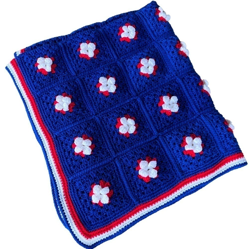 Handmade Patriotic Crochet Afghan 3D Flower Squares Red White Blue Stripe Trim